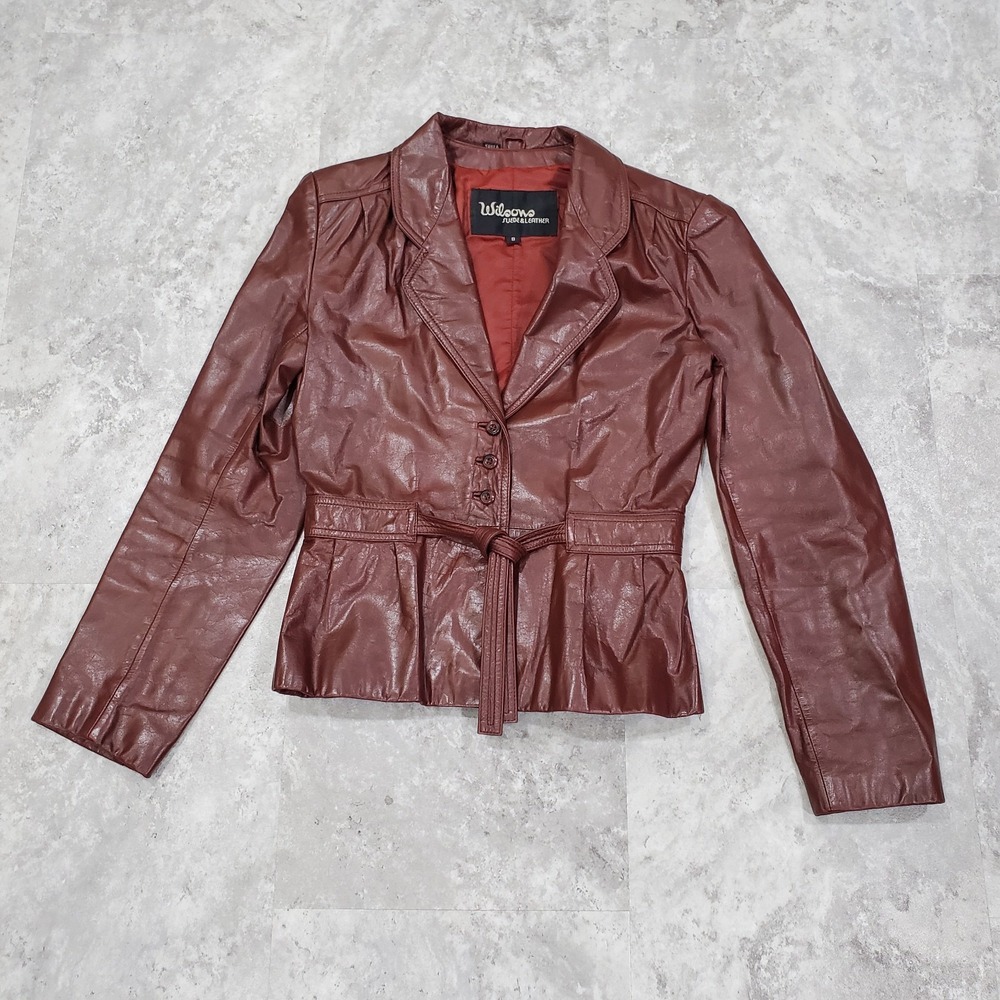Vintage Wilsons Brown Leather Pleated‎ Wide Lapel Ladies Belted Jacket 8